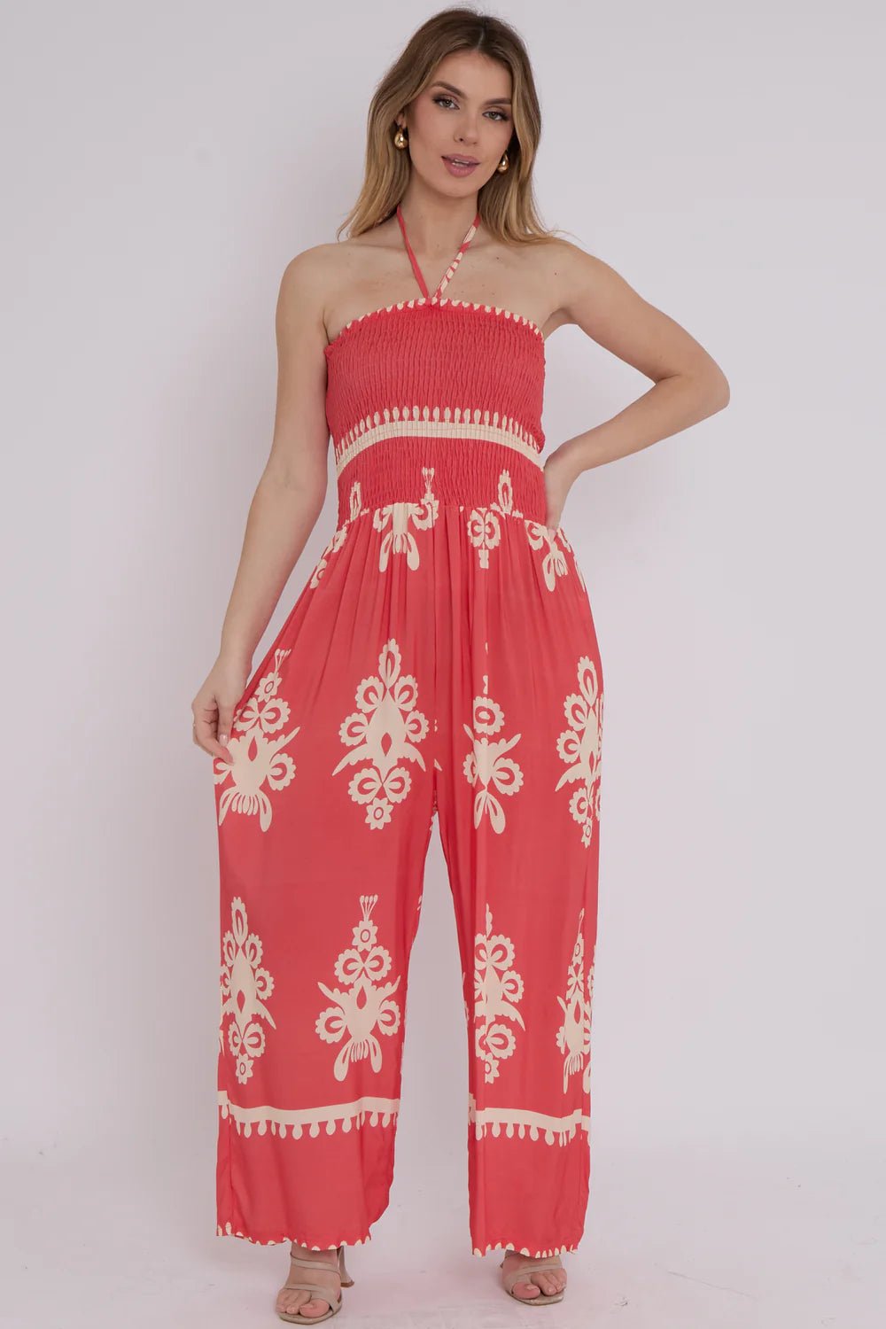 Pink halter neck jumpsuit on sale