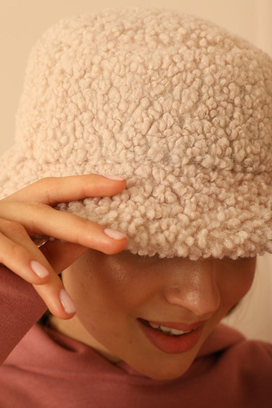 High-Quality Boucle Material Fashionable and Incredibly Warm Beige Bucket Women's Hat - Pinkpie