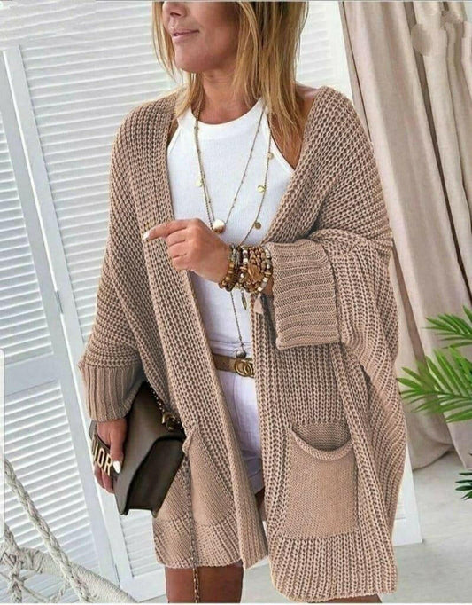 All Winter Long Beige Color Women Lily Oversize Pattern Pocket Cardigan  - Pinkpie