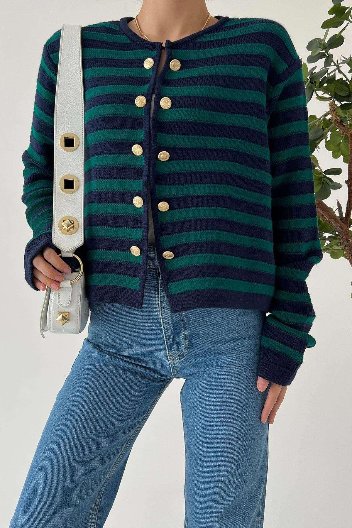 Women Lyla Double Button Striped Blue & Green Cardigan for Winters - Pinkpie