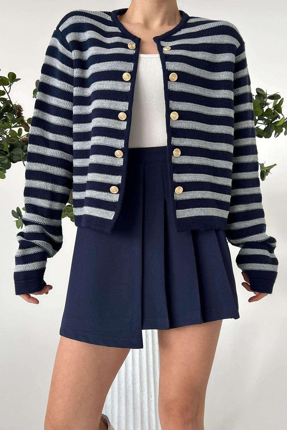 Women Lyla Double Button Striped Navy & Grey Cardigan for Winters - Pinkpie