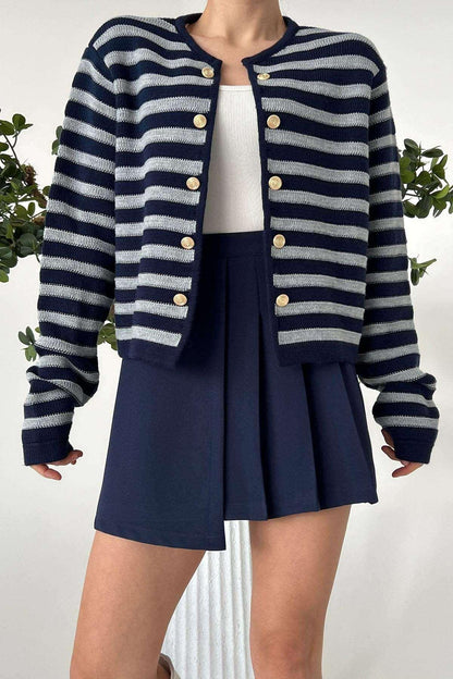 Women Lyla Double Button Striped Navy & Grey Cardigan for Winters - Pinkpie