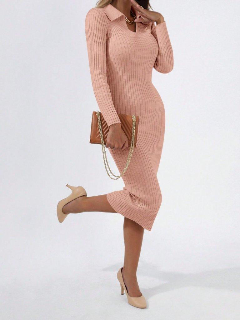 Women's Winter Wear Sleek Collared Ada Long Sleeve Knitwear Dress - Pink Pie