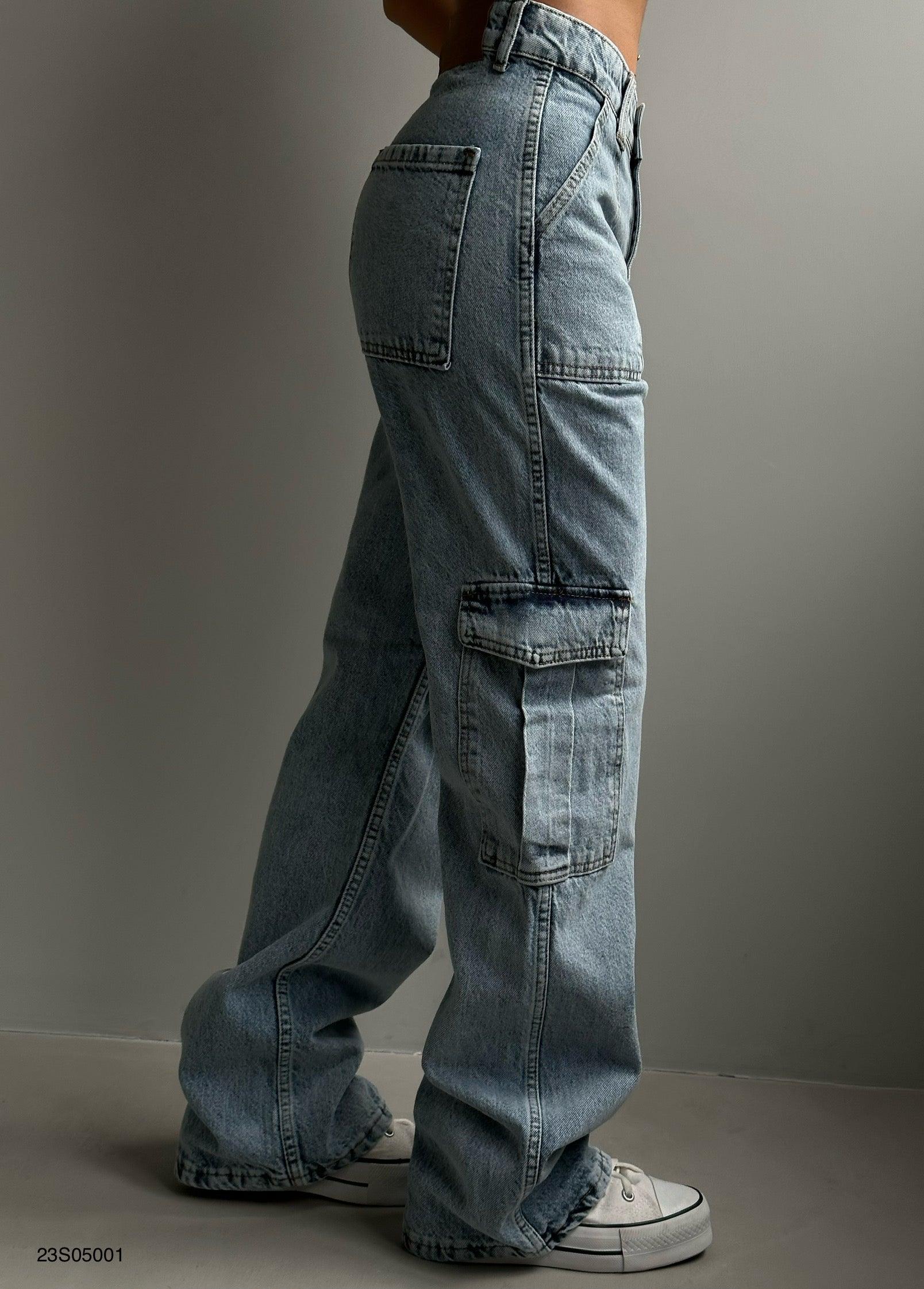 Blue Color Trendiest Style Cargo Pocket Low Waist Jeans for Women's - Pinkpie