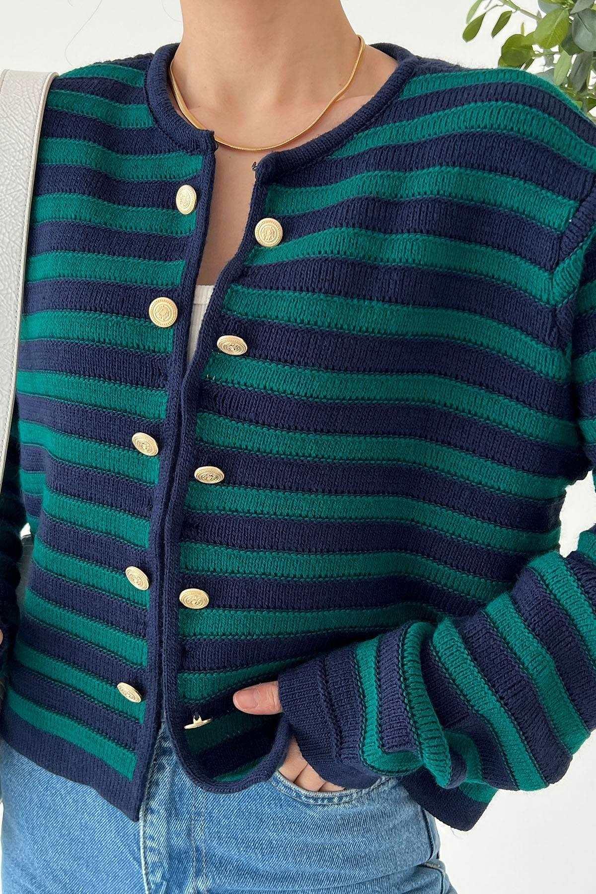 Women Lyla Double Button Striped Blue & Green Cardigan for Winters - Pinkpie