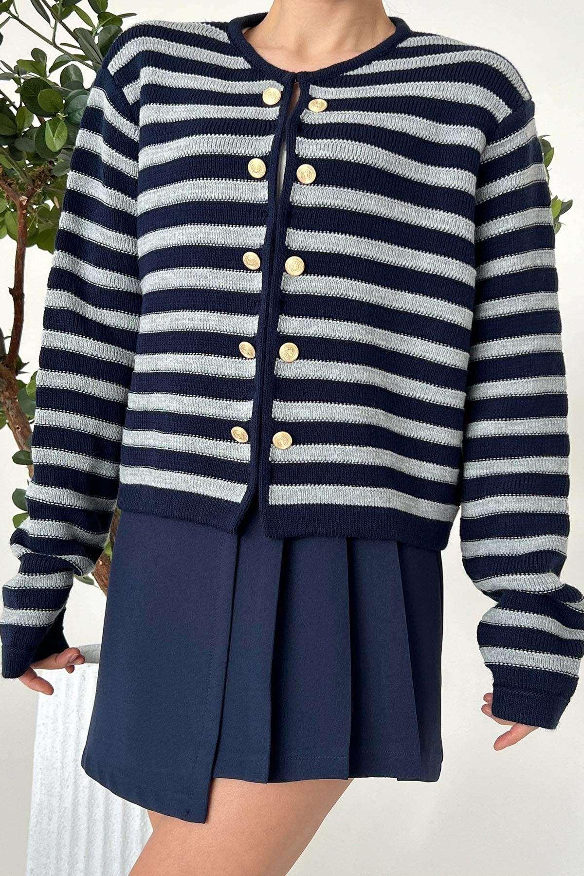 Women Lyla Double Button Striped Navy & Grey Cardigan for Winters - Pinkpie