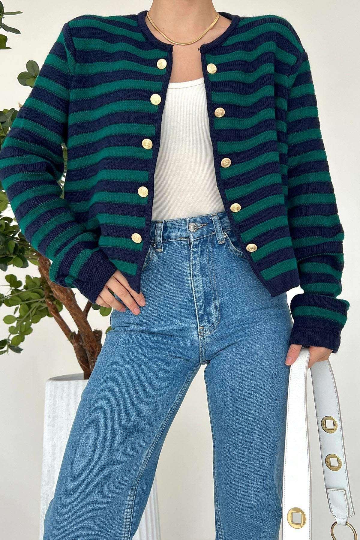 Women Lyla Double Button Striped Blue & Green Cardigan for Winters - Pinkpie