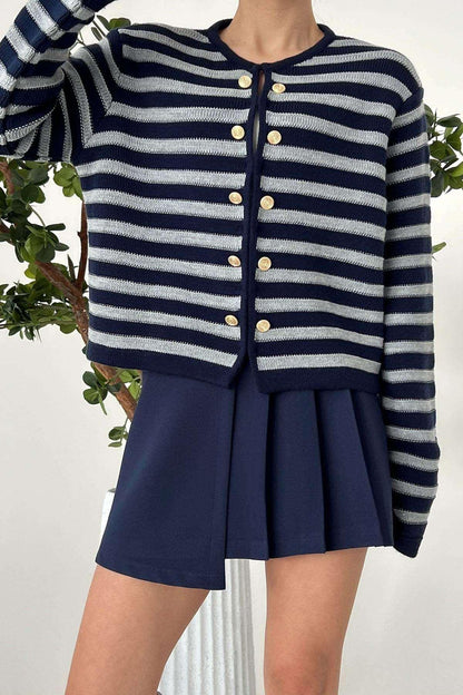 Women Lyla Double Button Striped Navy & Grey Cardigan for Winters - Pinkpie