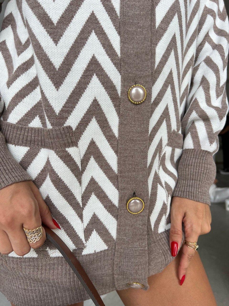 Women's Hana Ethnic Pattern Knitwear Mink and Ecru Color Cardigan Comfort and Cosiness - Pinkpie