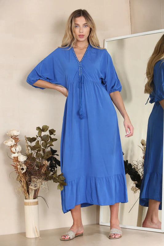 Women's Adele Gold Trim Midi Dress, UK 8-16, Blue, Luxe Viscose, 143cm Length