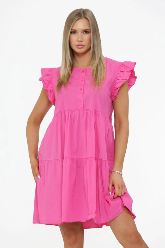 Anais Button Detailed Frill Women's Dress UK: Pink, Charming Details, Fun and Flirty