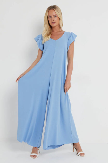 Evita Frill Sleeve Women's Jumpsuit Uk Trendy Blue Jumpsuit for Standout Style and Comfort