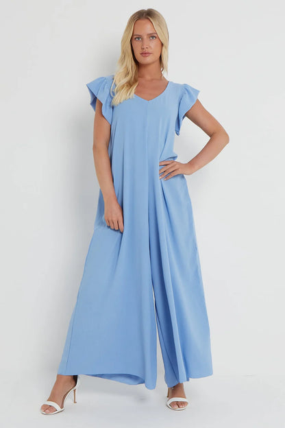 Evita Frill Sleeve Women's Jumpsuit Uk Trendy Blue Jumpsuit for Standout Style and Comfort