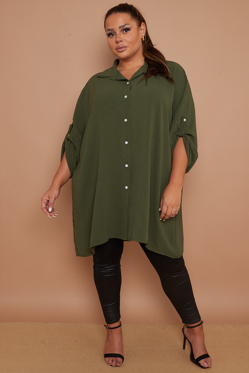 Women Myra PLUS SIZE Khaki Button Through 3/4 Sleeves Mid-Length Shirt in the United Kingdom