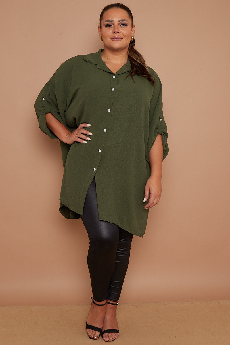 Women Myra PLUS SIZE Khaki Button Through 3/4 Sleeves Mid-Length Shirt in the United Kingdom