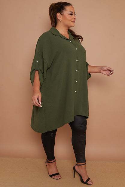 Women Myra PLUS SIZE Khaki Button Through 3/4 Sleeves Mid-Length Shirt in the United Kingdom