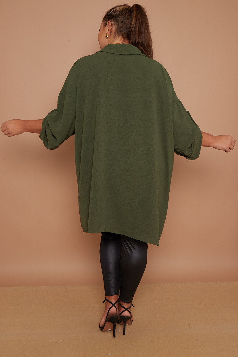 Women Myra PLUS SIZE Khaki Button Through 3/4 Sleeves Mid-Length Shirt in the United Kingdom