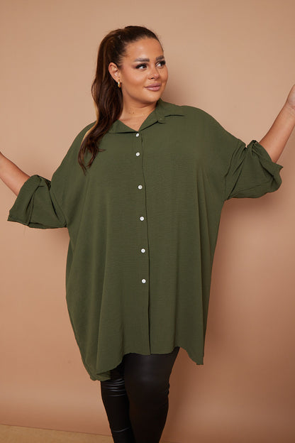 Women Myra PLUS SIZE Khaki Button Through 3/4 Sleeves Mid-Length Shirt in the United Kingdom
