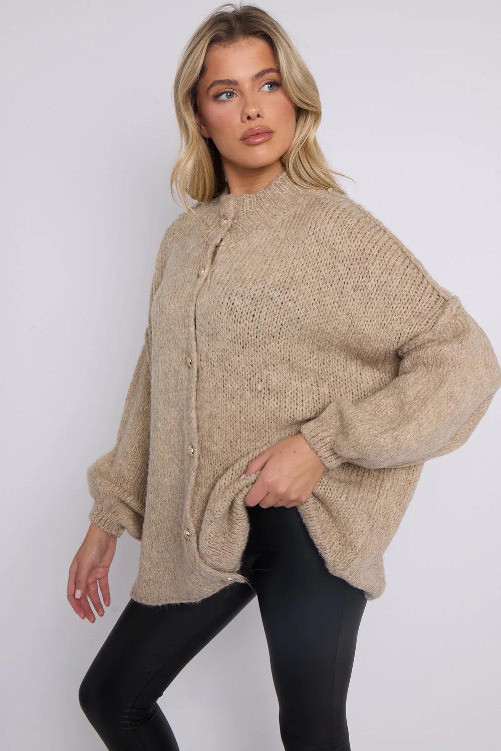 Calista Button Detail Bubble Sleeve Women Jumper UK | Mocha Color | Available in Sizes 8-16