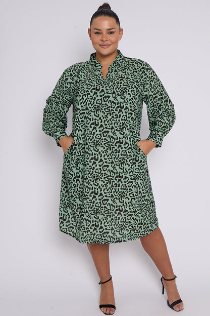 Luxury Eliana PLUS SIZE Green Animal Print Collar Style Dress With Pockets - Pinkpie