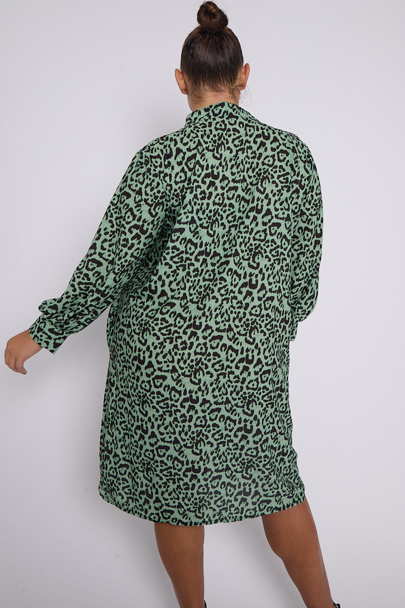 Luxury Eliana PLUS SIZE Green Animal Print Collar Style Dress With Pockets - Pinkpie