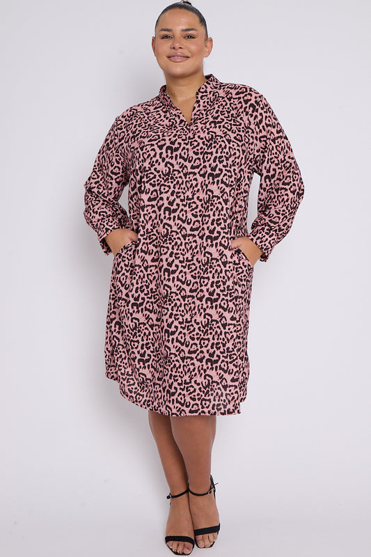 Luxury Eliana PLUS SIZE Pink Animal Print Collar Style Dress With Pockets - Pinkpie