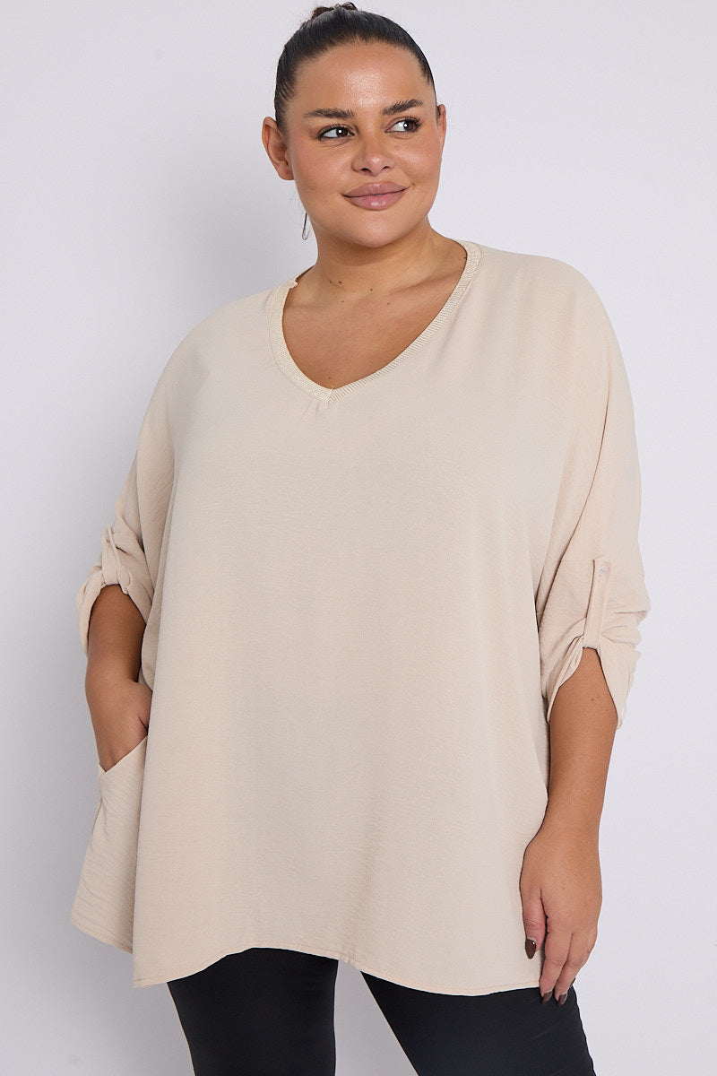 Anya PLUS SIZE Women Beige V Neck Contrast Trim 3/4 Turn Sleeves Top With Pockets