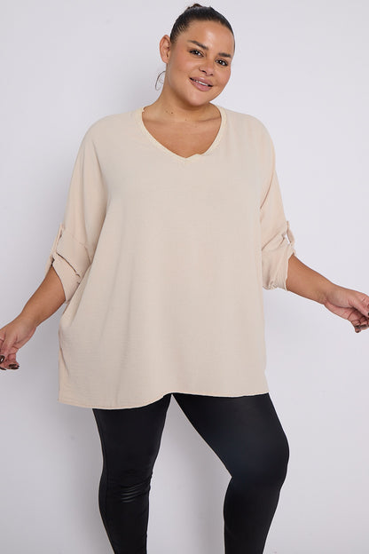Anya PLUS SIZE Women Beige V Neck Contrast Trim 3/4 Turn Sleeves Top With Pockets