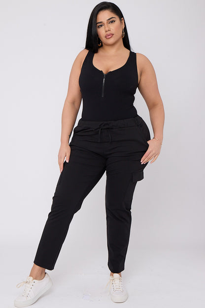 Women Kai PLUS SIZE Drawstring Waist Cargo Style Trousers With Pockets in Black Color - Pink Pie