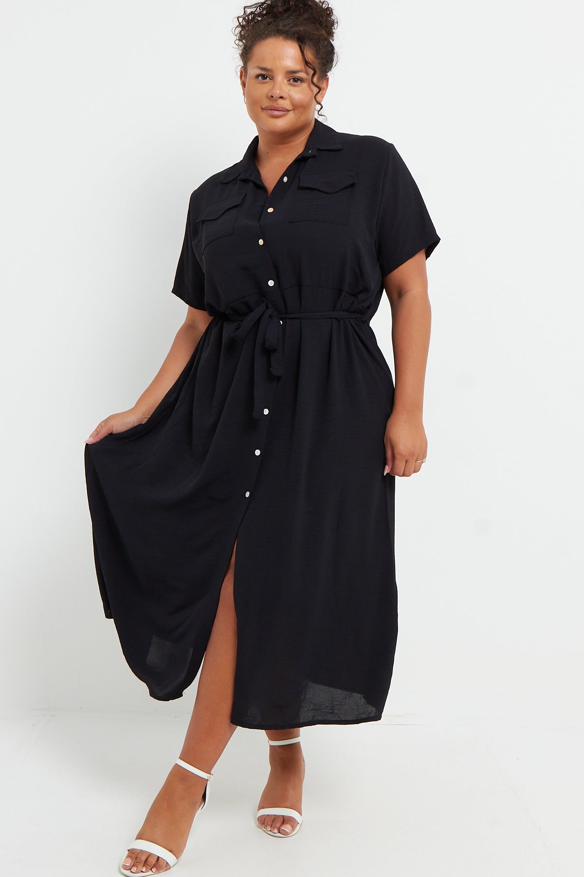 Women Luca PLUS SIZE Black Button Through Tie Waist Shirt Midi Dress With Pockets - Pink Pie