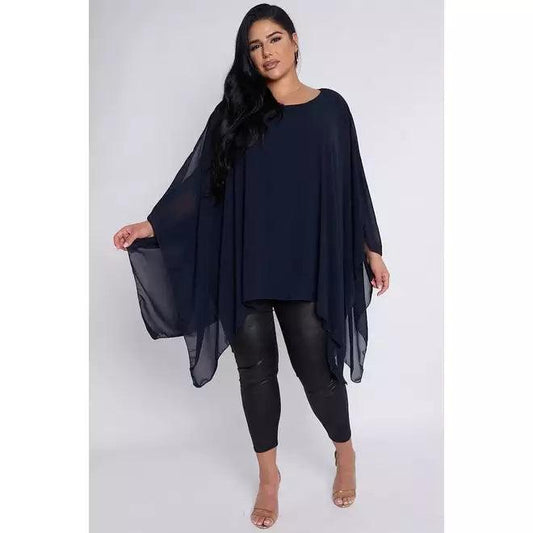 Dahlia PLUS SIZE Navy Sheer Cape Style Batwing Top for Women - Pink Pie
