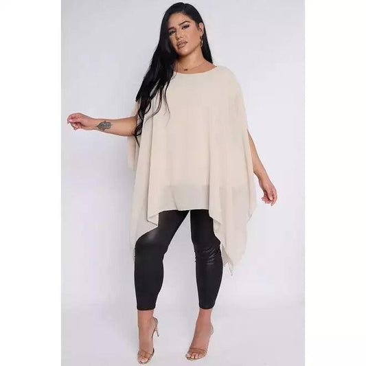 Dahlia PLUS SIZE Beige Sheer Cape Style Batwing Top - Pinkpie