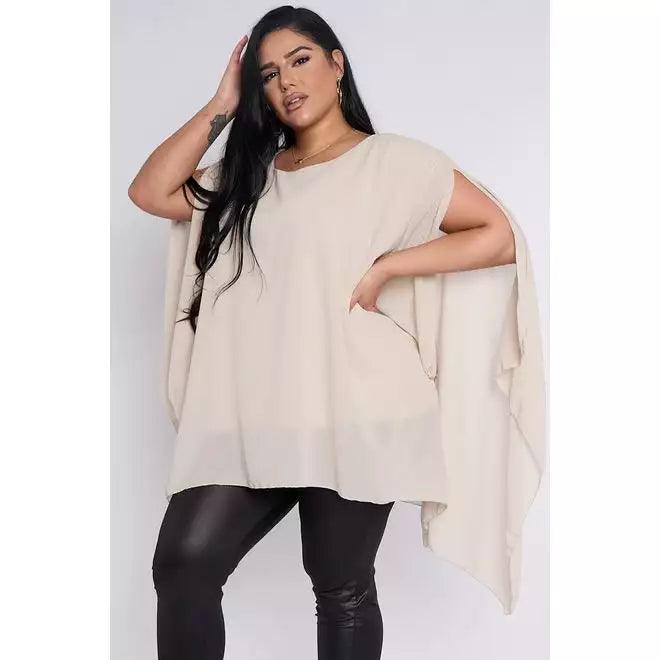 Dahlia PLUS SIZE Beige Sheer Cape Style Batwing Top - Pinkpie