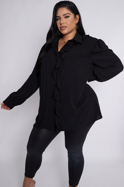 Women June Black PLUS SIZE Pleat & Ruffle Detail Button Shirt - Pink Pie