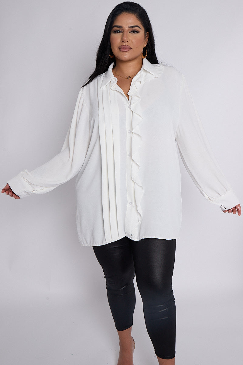 Womens June White PLUS SIZE Pleat & Ruffle Detail Button Shirt - Pink Pie