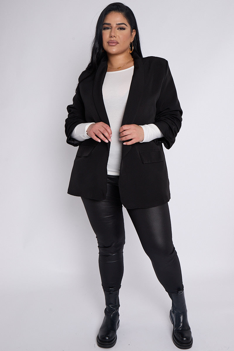 Bailey Plus Size Black Ruffle Sleeve Women Detail Blazer with Pocket Detail