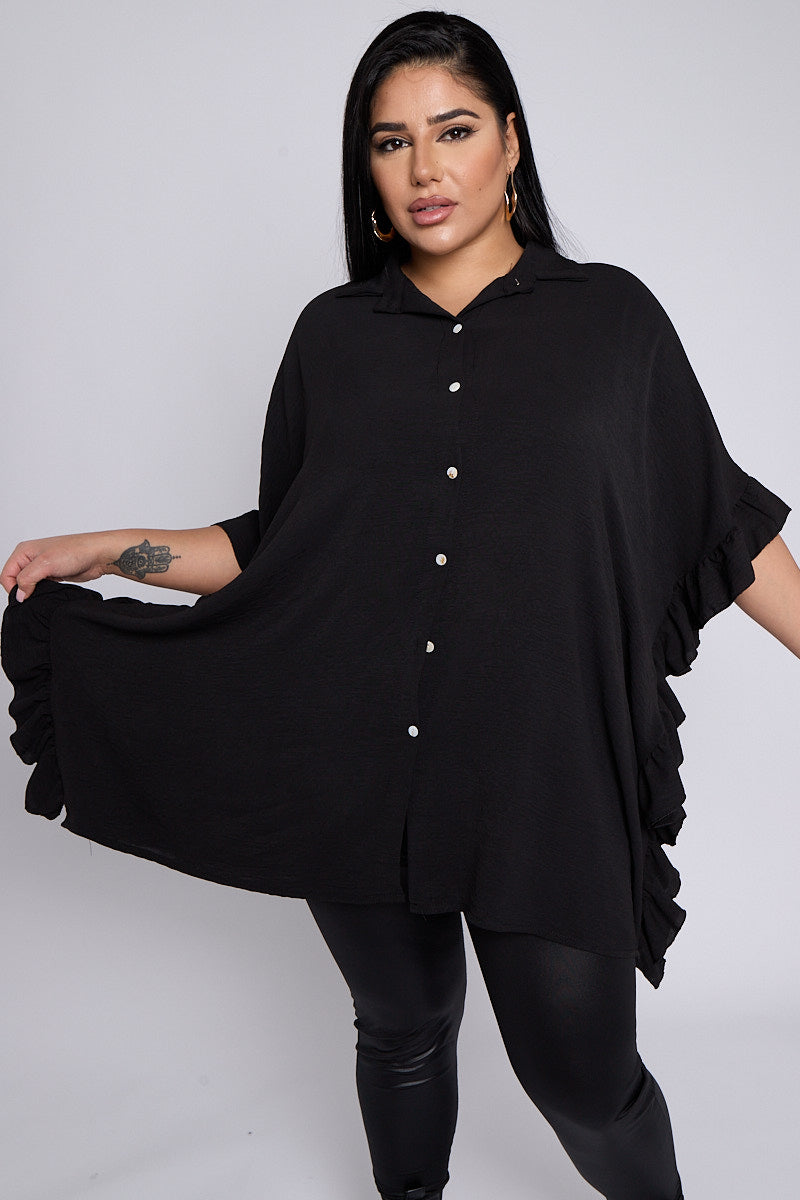 Women's Isla PLUS SIZE Black Button Through Short Sleeve Shirt With Frill Side Detail