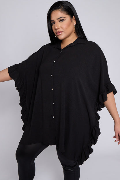 Women's Isla PLUS SIZE Black Button Through Short Sleeve Shirt With Frill Side Detail