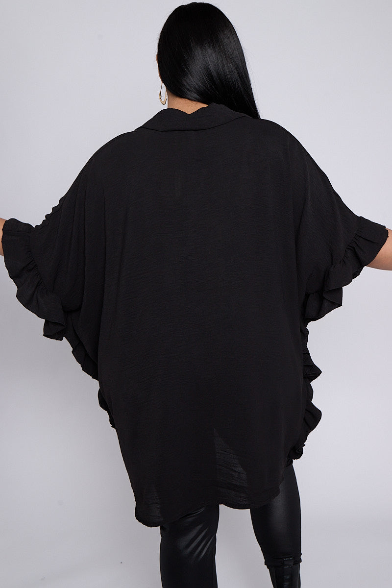 Women's Isla PLUS SIZE Black Button Through Short Sleeve Shirt With Frill Side Detail