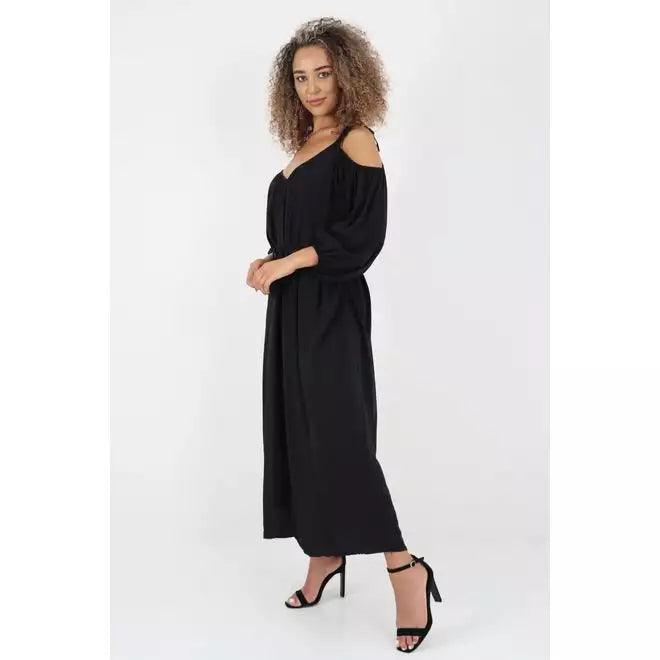 Model Wearing Luna Belted Black Color Maxi Dress For Women - Pinkpie