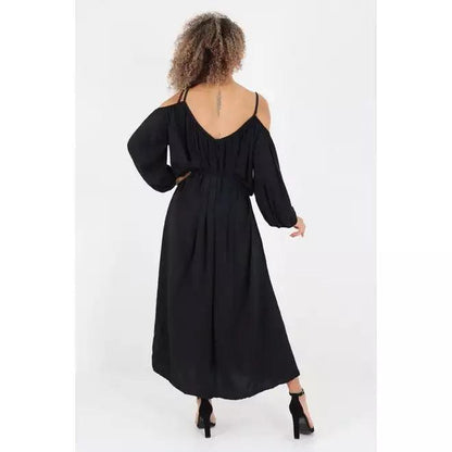 Model Wearing Luna Belted Black Color Maxi Dress For Women - Pinkpie