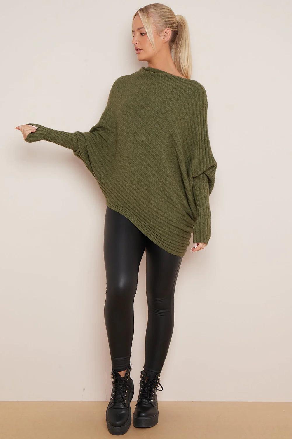 Women Poppy Batwing Pattern Oversized Jumper UK Khaki Color Made in Italy