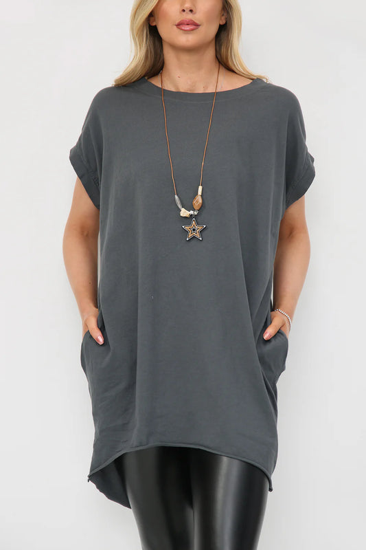 Women's Milla Oversized Tee, UK One Size, Grey 100% Cotton, 87cm Length, Necklace