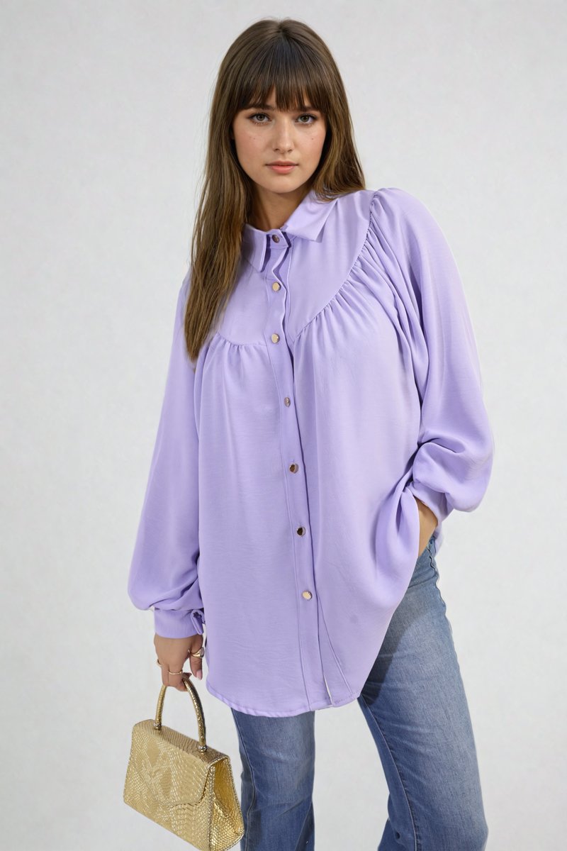 Aiza High Neckline Button Front Balloon Sleeve Top - Pinkpie