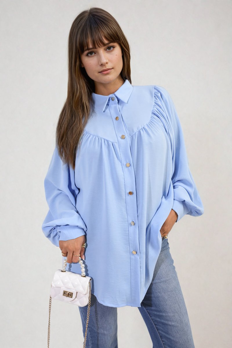 Aiza High Neckline Button Front Balloon Sleeve Top - Pinkpie