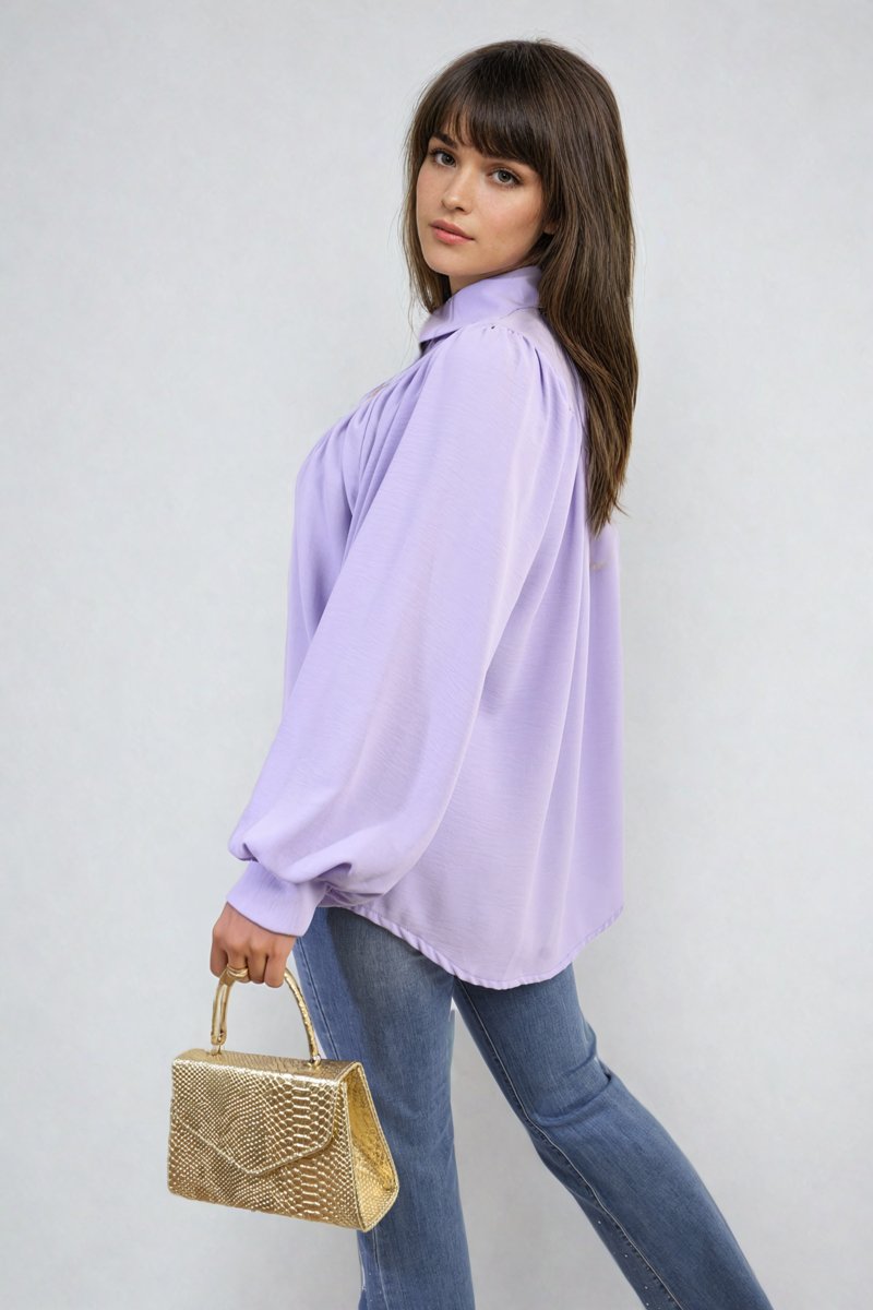 Aiza High Neckline Button Front Balloon Sleeve Top - Pinkpie