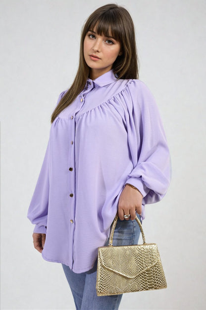 Aiza High Neckline Button Front Balloon Sleeve Top - Pinkpie