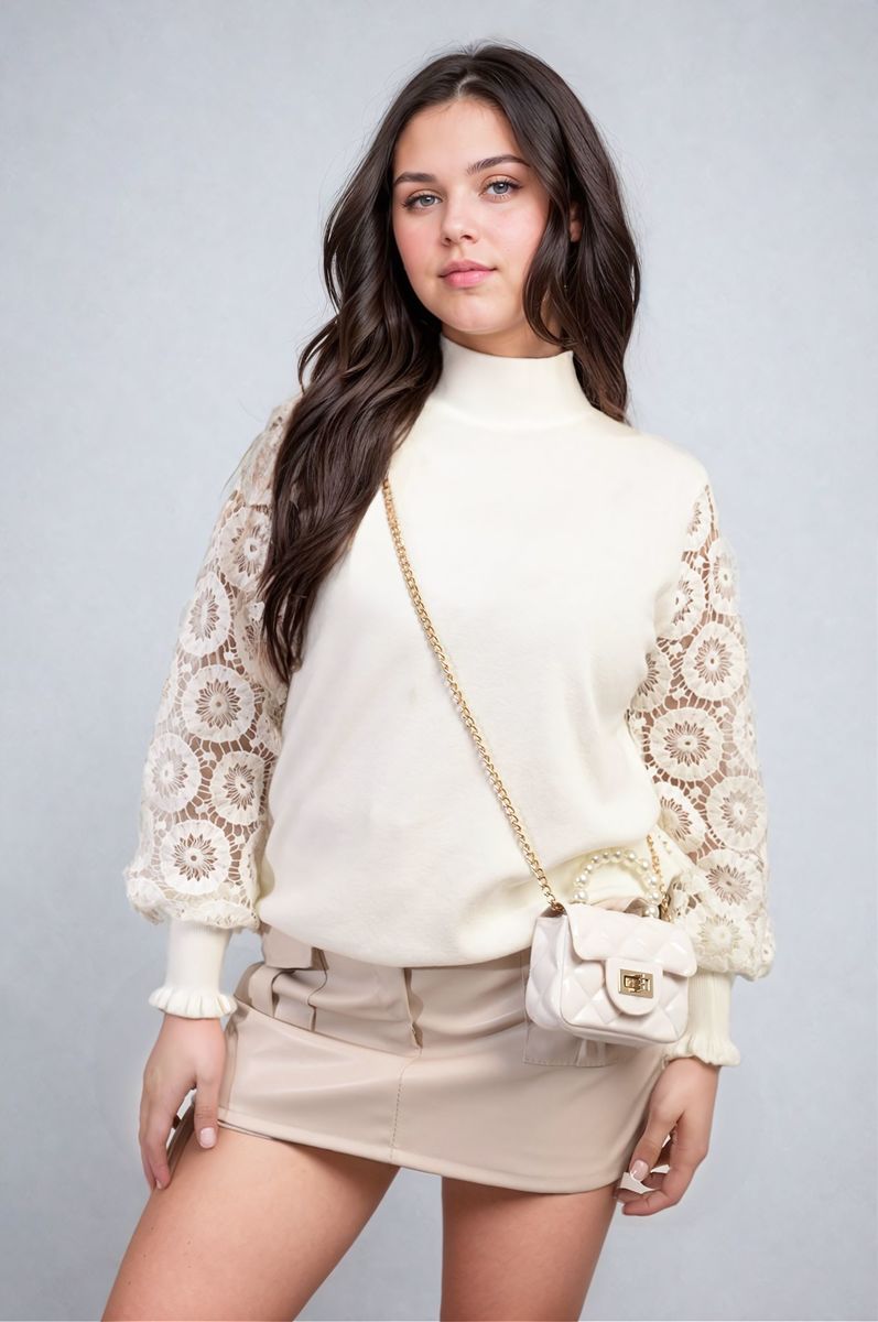 Alexis High Neck Knit Crochet Sleeve Jumper - Pinkpie