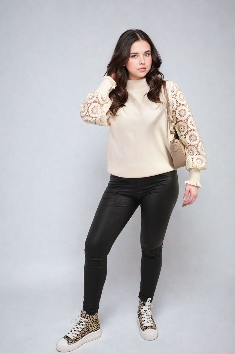 Alexis High Neck Knit Crochet Sleeve Jumper - Pinkpie