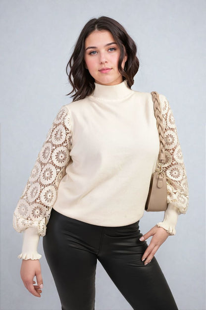 Alexis High Neck Knit Crochet Sleeve Jumper - Pinkpie